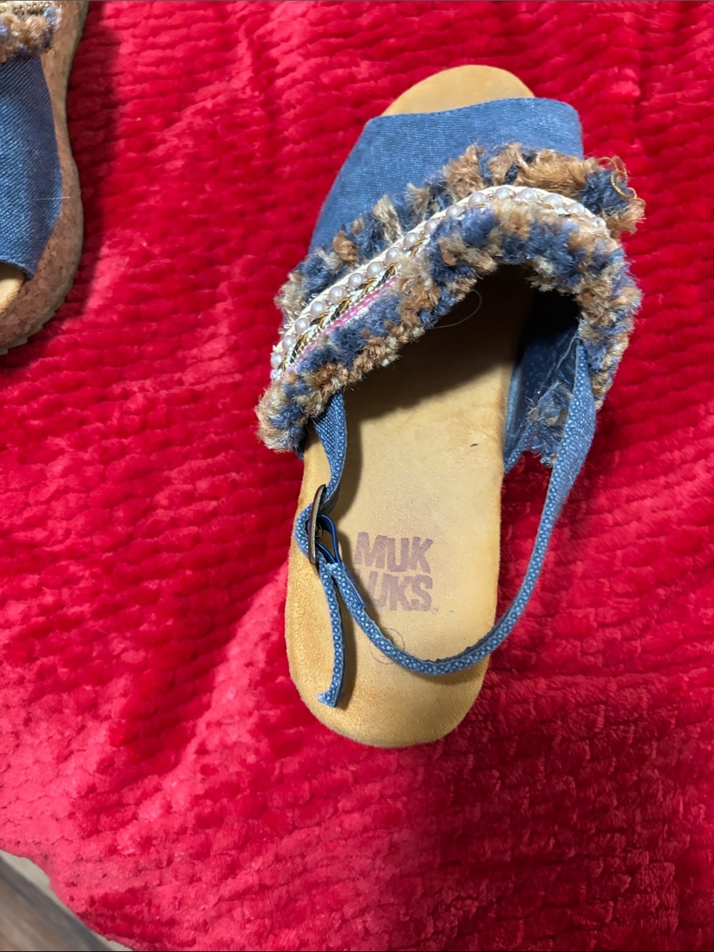 Muk Luks Blue Denim Embellished Wedge Sandals - Picture 3 of 7
